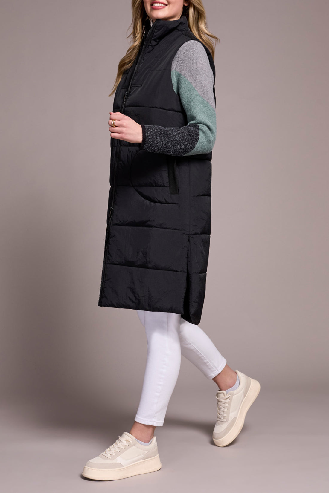 TRIBAL LONG QUILTED VEST - BLACK