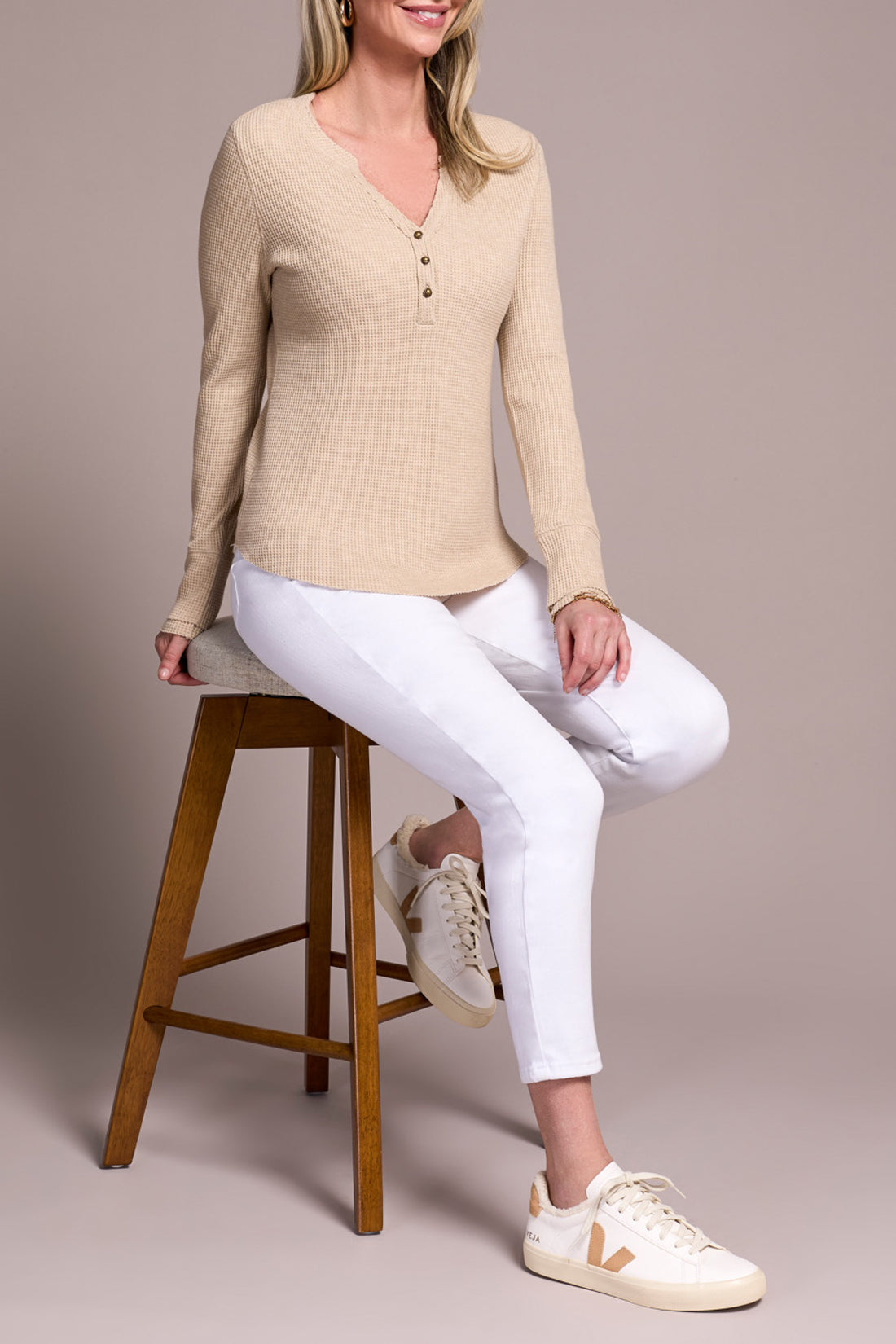 TRIBAL LONG SLEEVE HENLEY TOP - OATMEAL