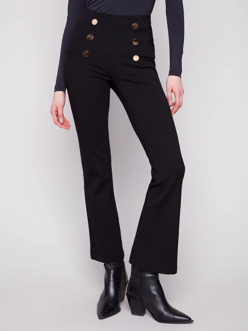 CHARLIE B PULL ON FLARE LEG PANT WITH BUTTON FRONT - BLACK