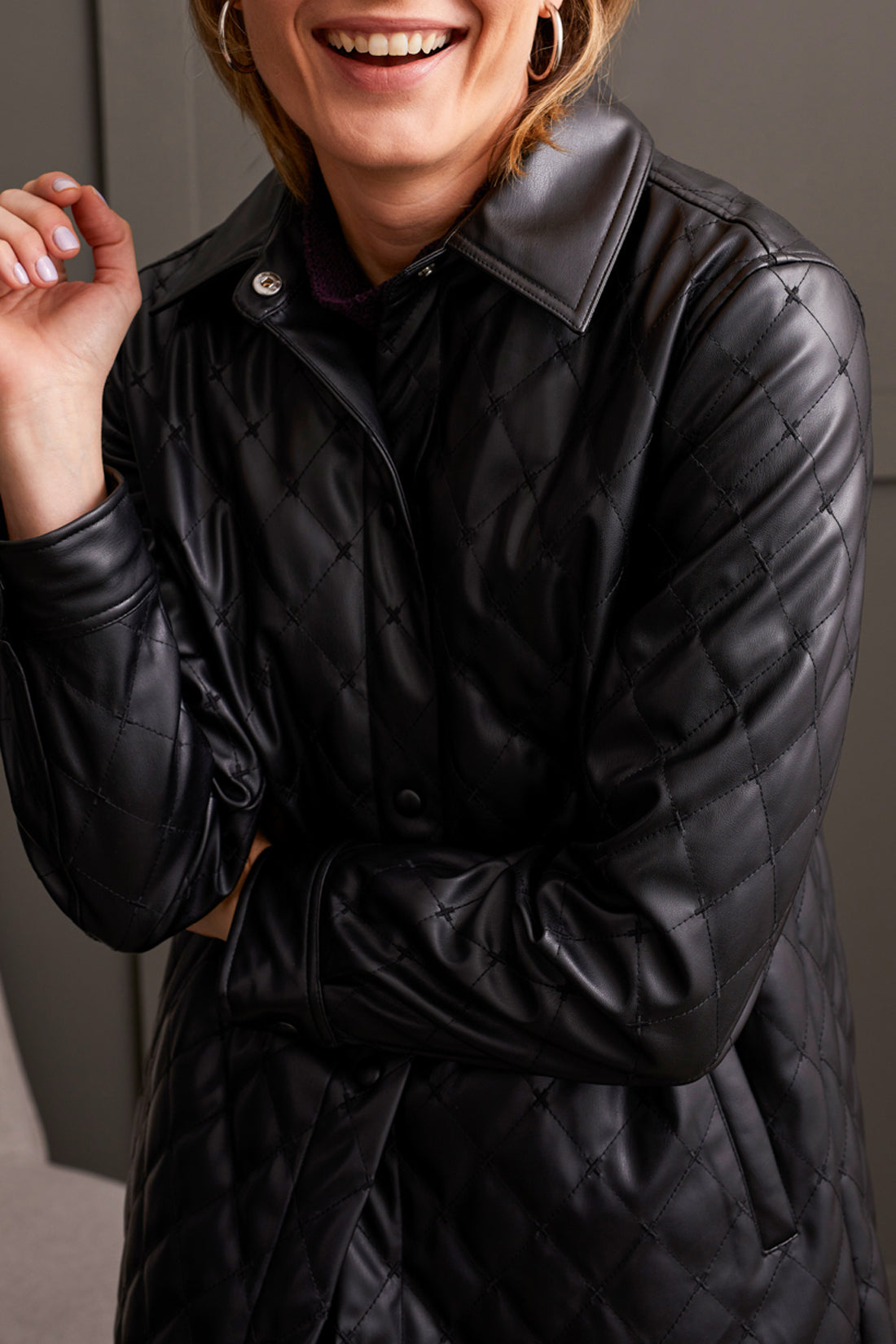 TRIBAL QUILTED SNAP FRONT PU JACKET - BLACK - Vi-Leen's Fashions