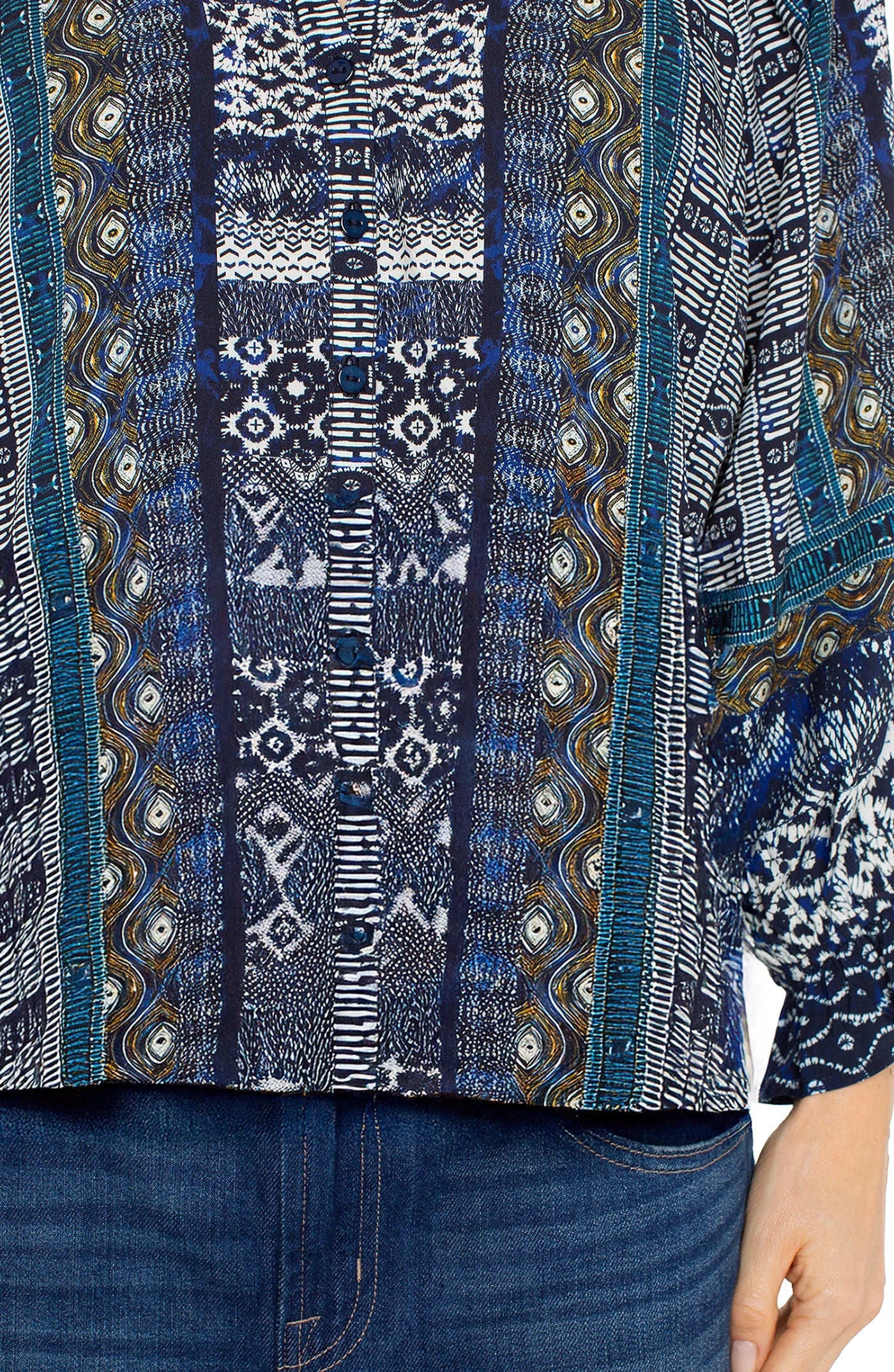 LIVERPOOL BUTTON FRONT WOVEN BLOUSE - MULTI BLUE