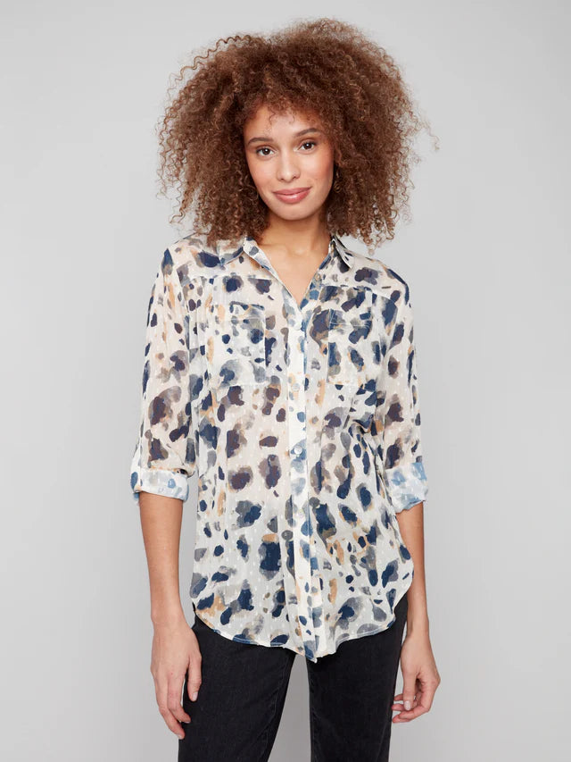 CHARLIE B WEAR 2 WAY BUTTON UP BLOUSE - ANIMAL