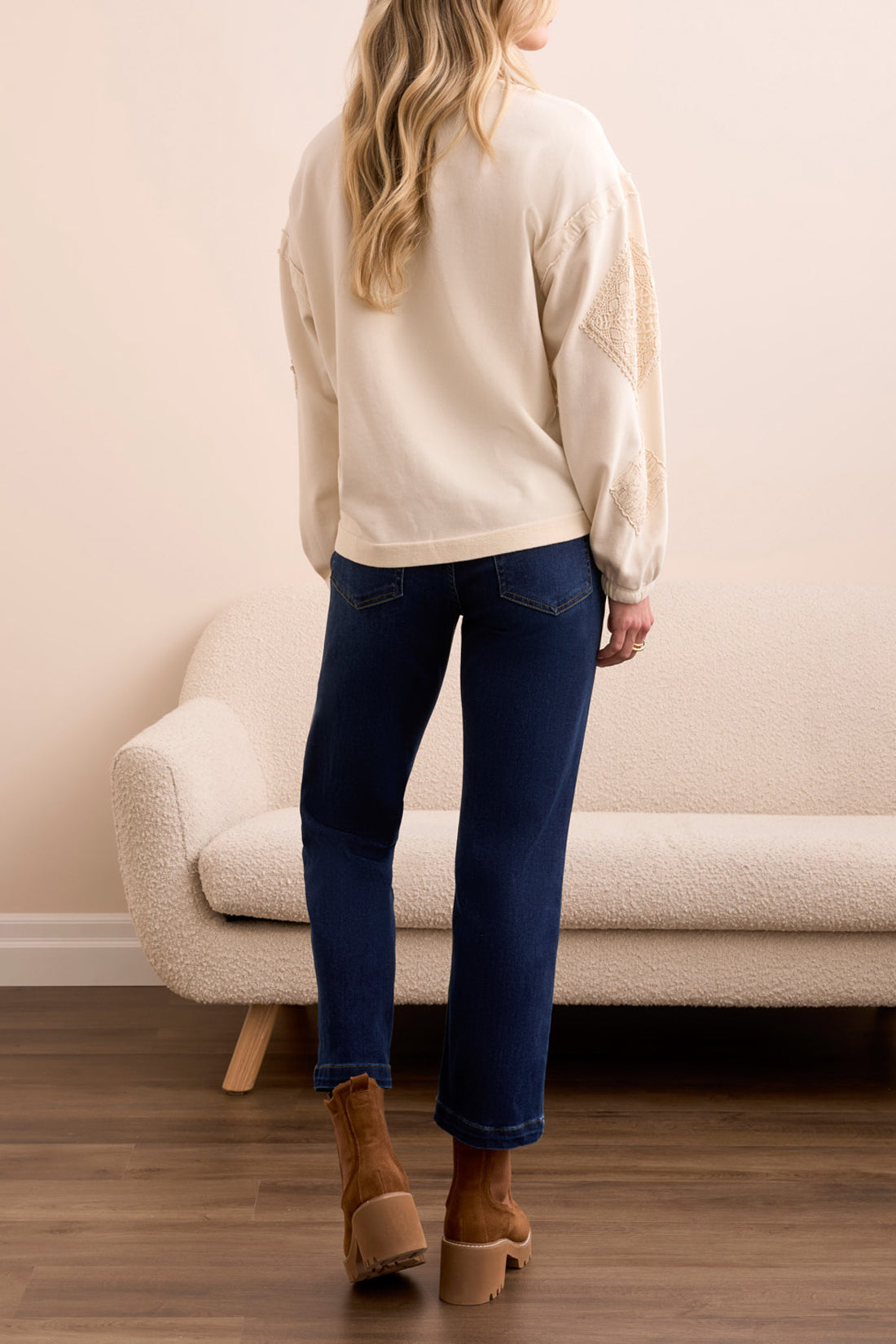 TRIBAL CREW NECK SLEEVE DETAIL PULLOVER - CREAM