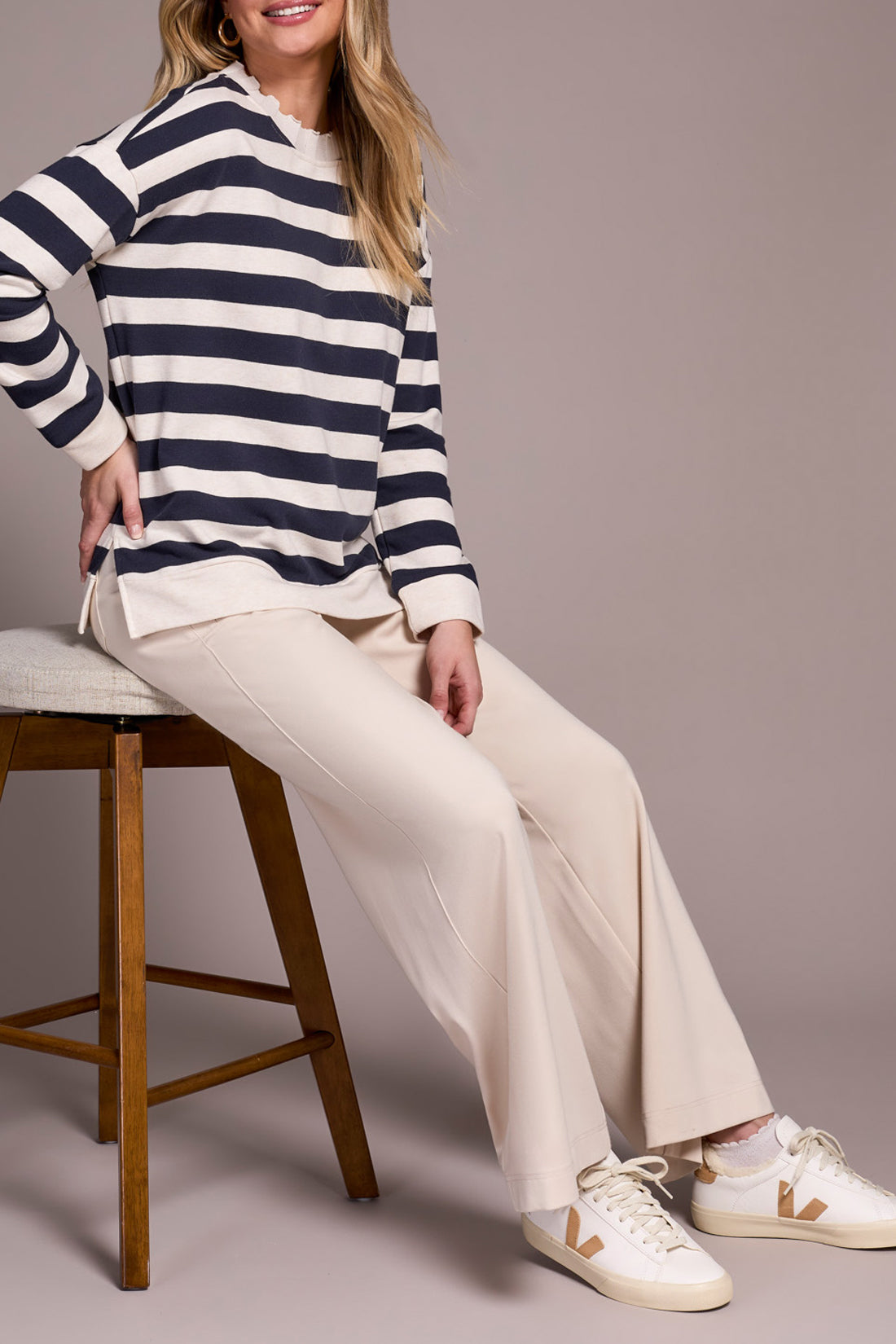 TRIBAL STRIPE CREW NECK TOP - NAVY/ECRU