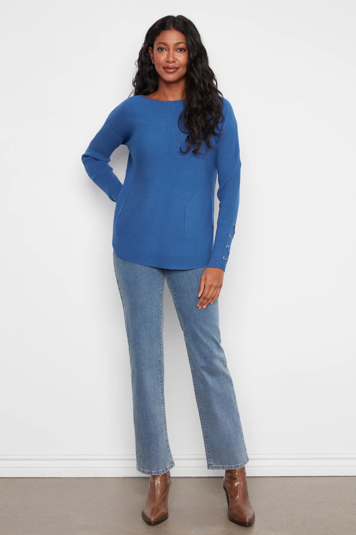 CHARLIE B ROUNDED HEM BOAT NECK SWEATER - COBALT - Vi-Leen's Fashions