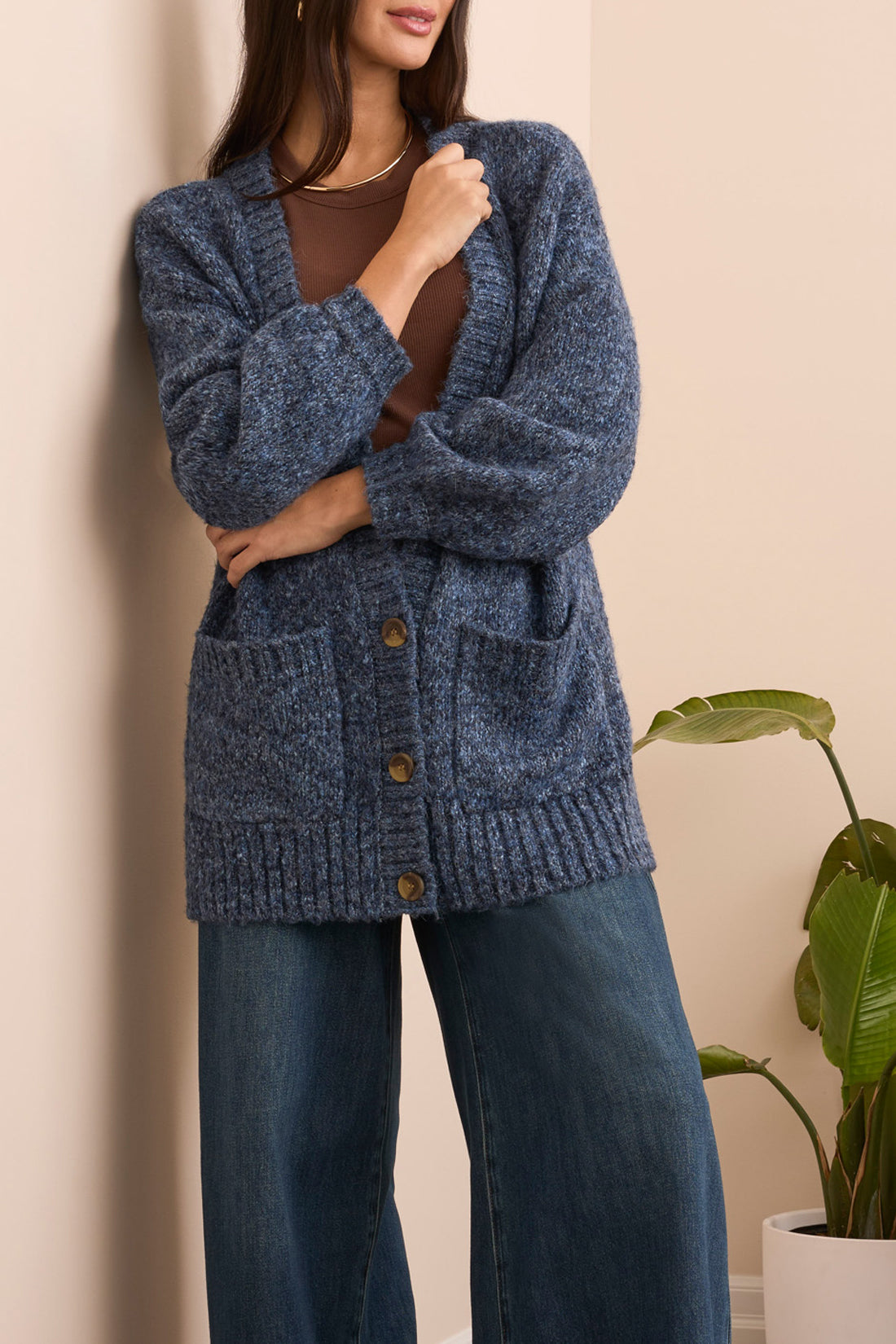 TRIBAL OVERSIZE PUFF SLEEVE CARDIGAN - BLUE