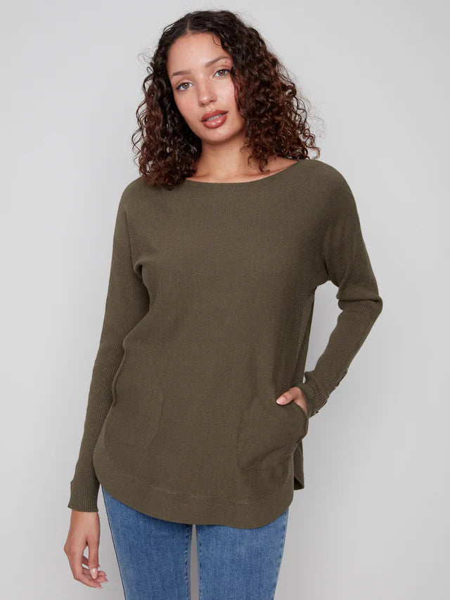 CHARLIE B SWEATER WITH LACE UP CUFFS - SPRUCE