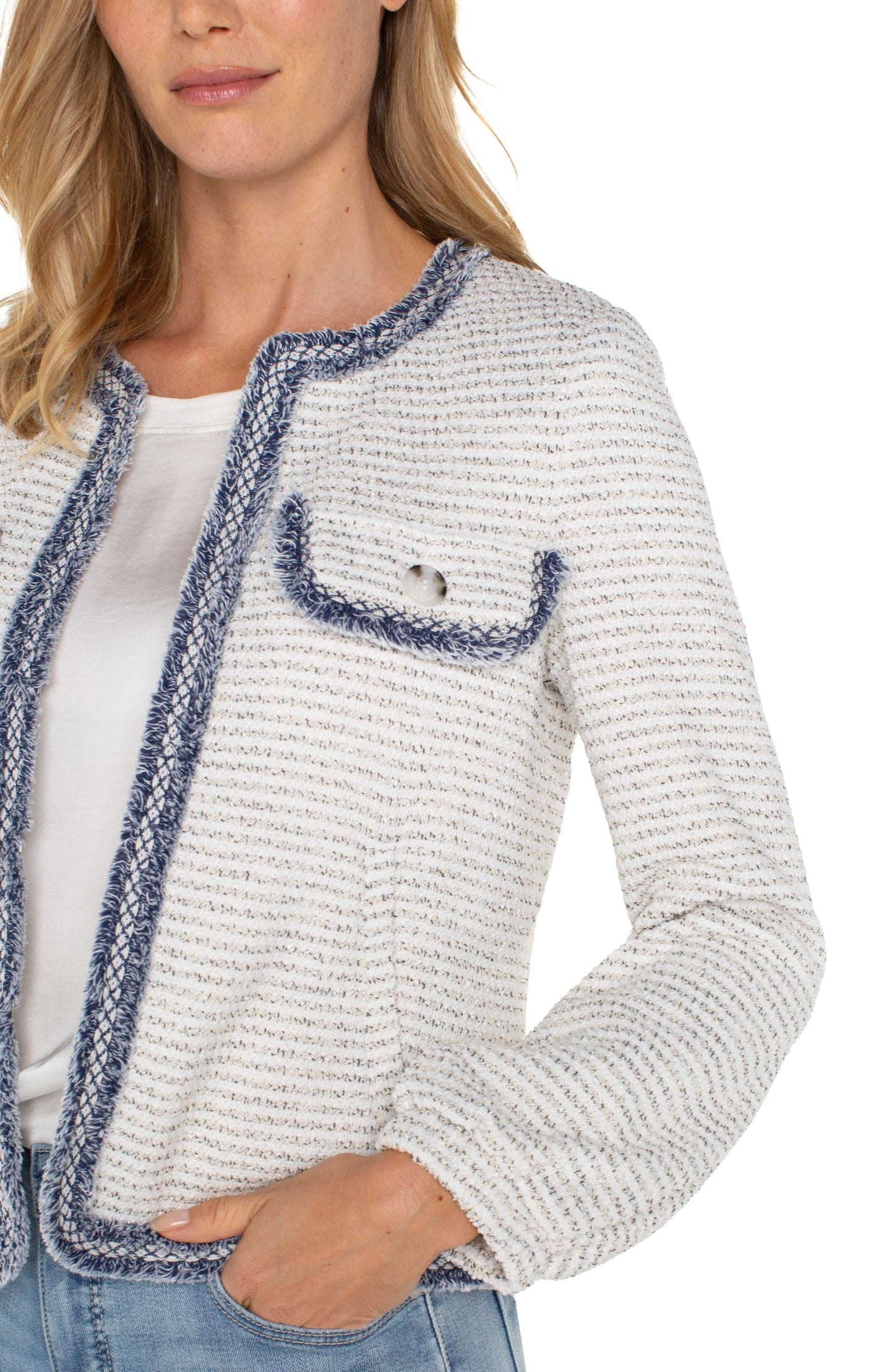 LIVERPOOL COLLARLESS JACKET WITH FRAY DETAILS