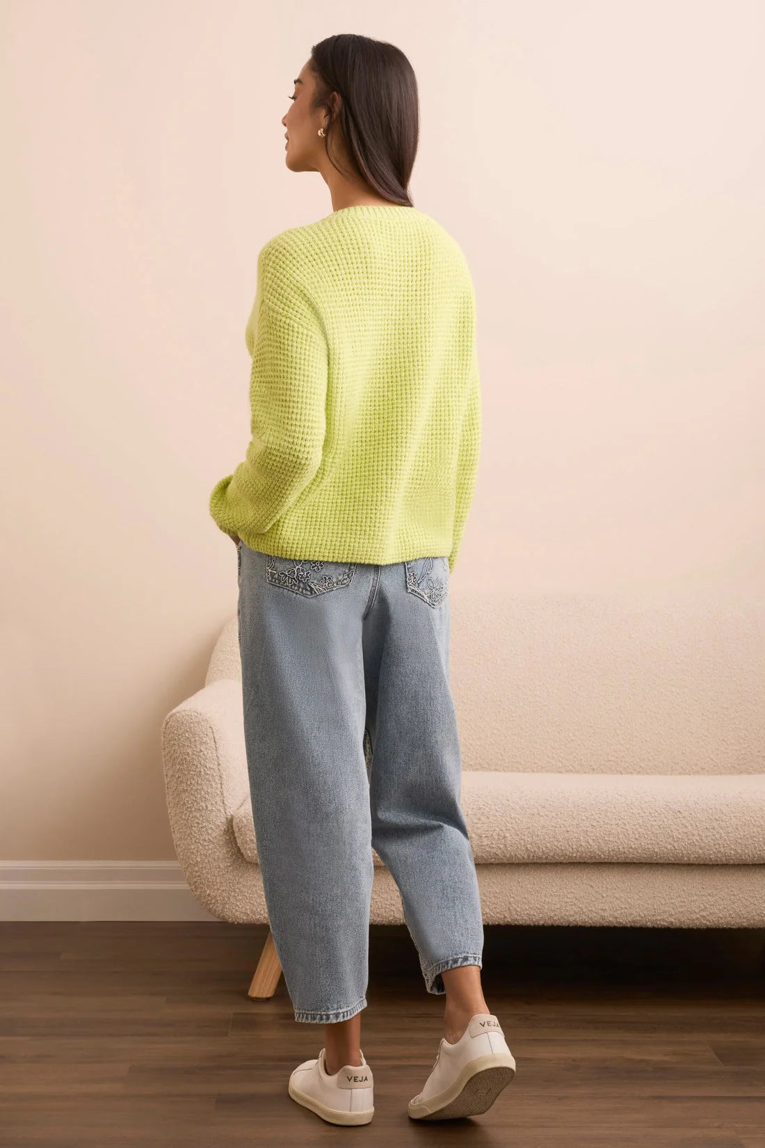 TRIBAL DROP SHOULDER V-NECK SWEATER - LIME MIST