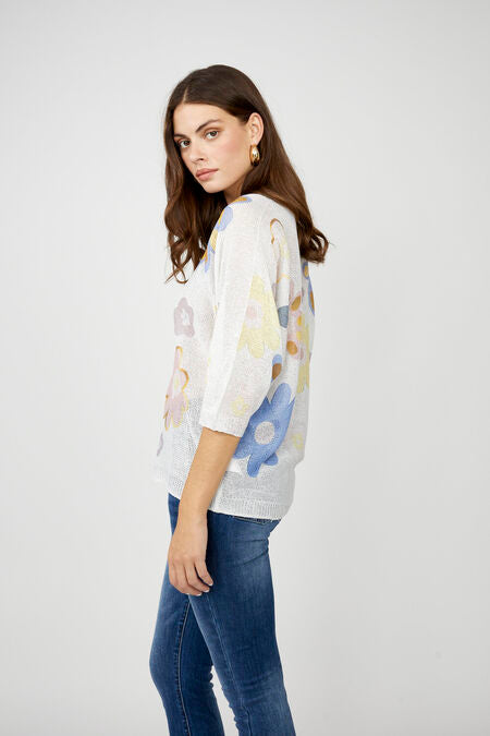 FRANK LYMAN PRINT KNIT TOP - OFF WHITE/PASTEL