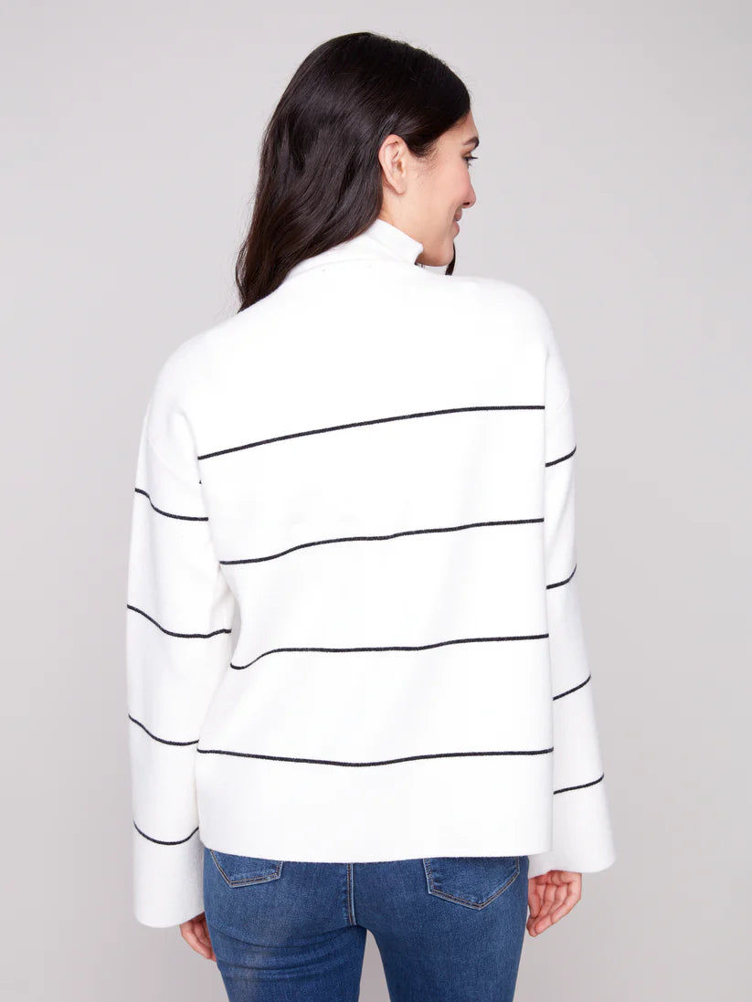 CHARLIE B YARN DYED STRIPED FUNNEL NECK SWEATER - ECRU