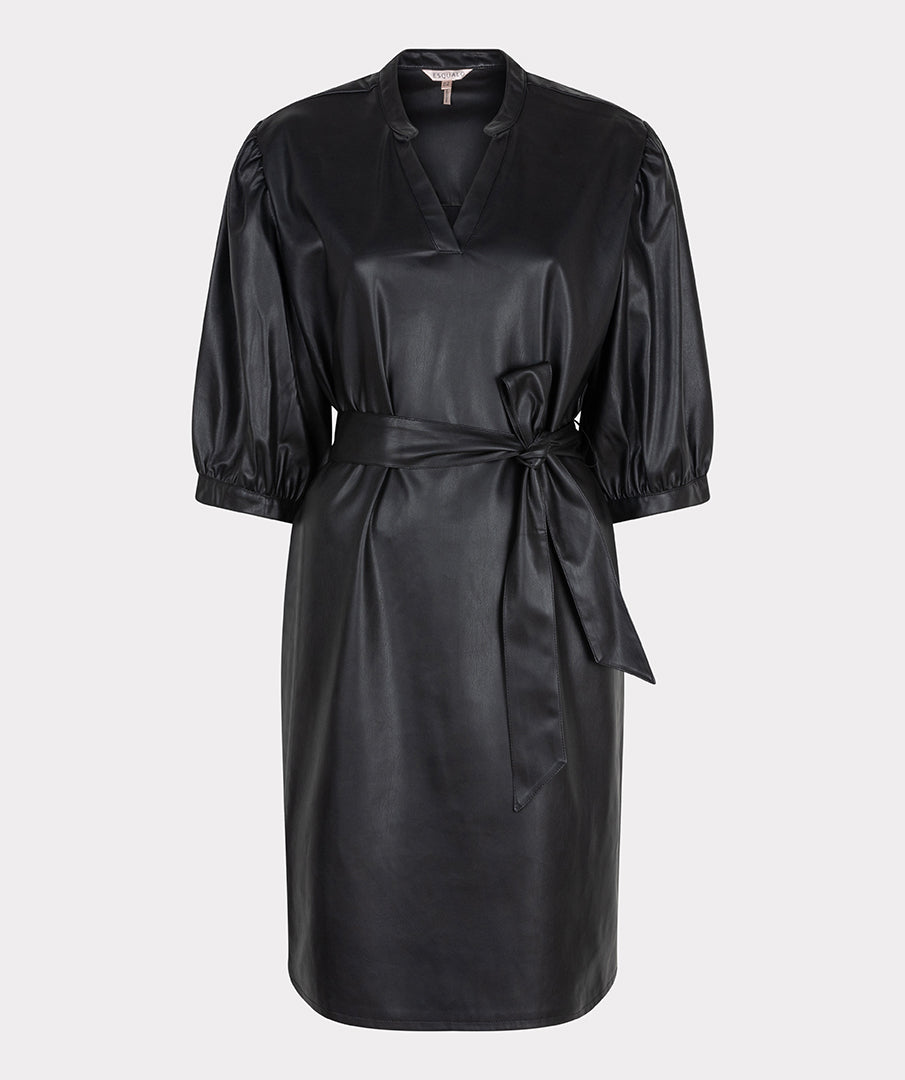 ESQUALO VEGAN LEATHER DRESS WITH TIE BELT - BLACK - Vi-Leen's Fashions