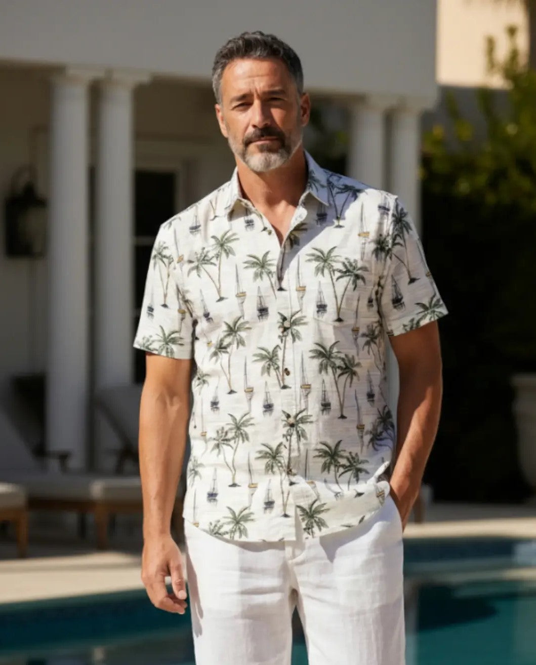 MEN'S POINT ZERO TRAVELER 4-WAY STRETCH BOAT PRINT SHIRT - WHITE