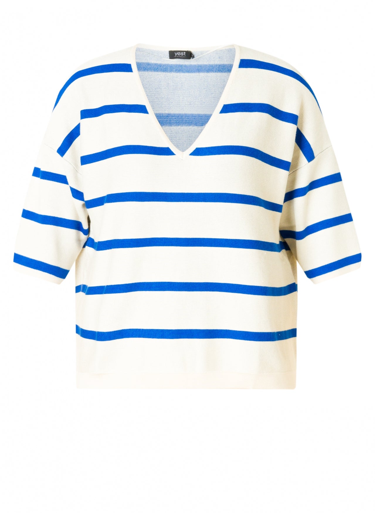 YEST RAINE STRIPE V-NECK TOP - BEIGE/COBALT