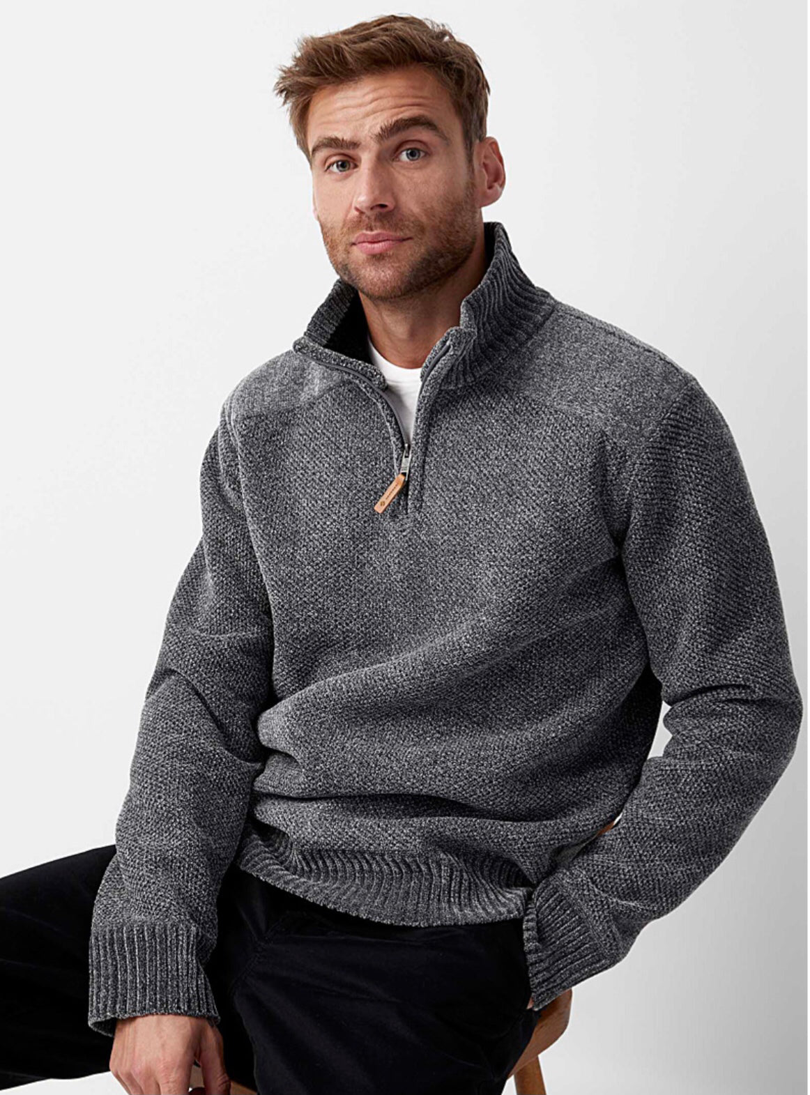 MENS POINT ZERO MOCK ZIP CHENIL BONDED SWEATER - BLACK/GREY - Vi-Leen's Fashions