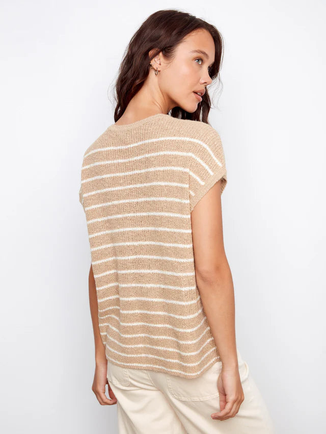 CHARLIE B STRIPPED CAP SLEEVE SWEATER - SAND - Vi-Leen's Fashions