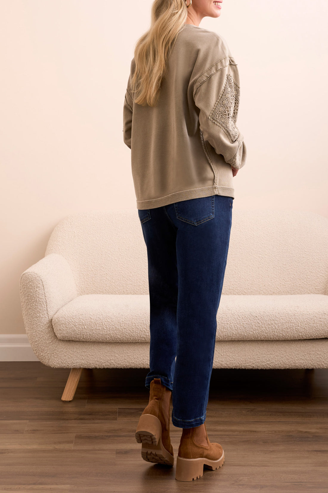 TRIBAL CREW NECK SLEEVE DETAIL PULLOVER - OLIVE LEAF