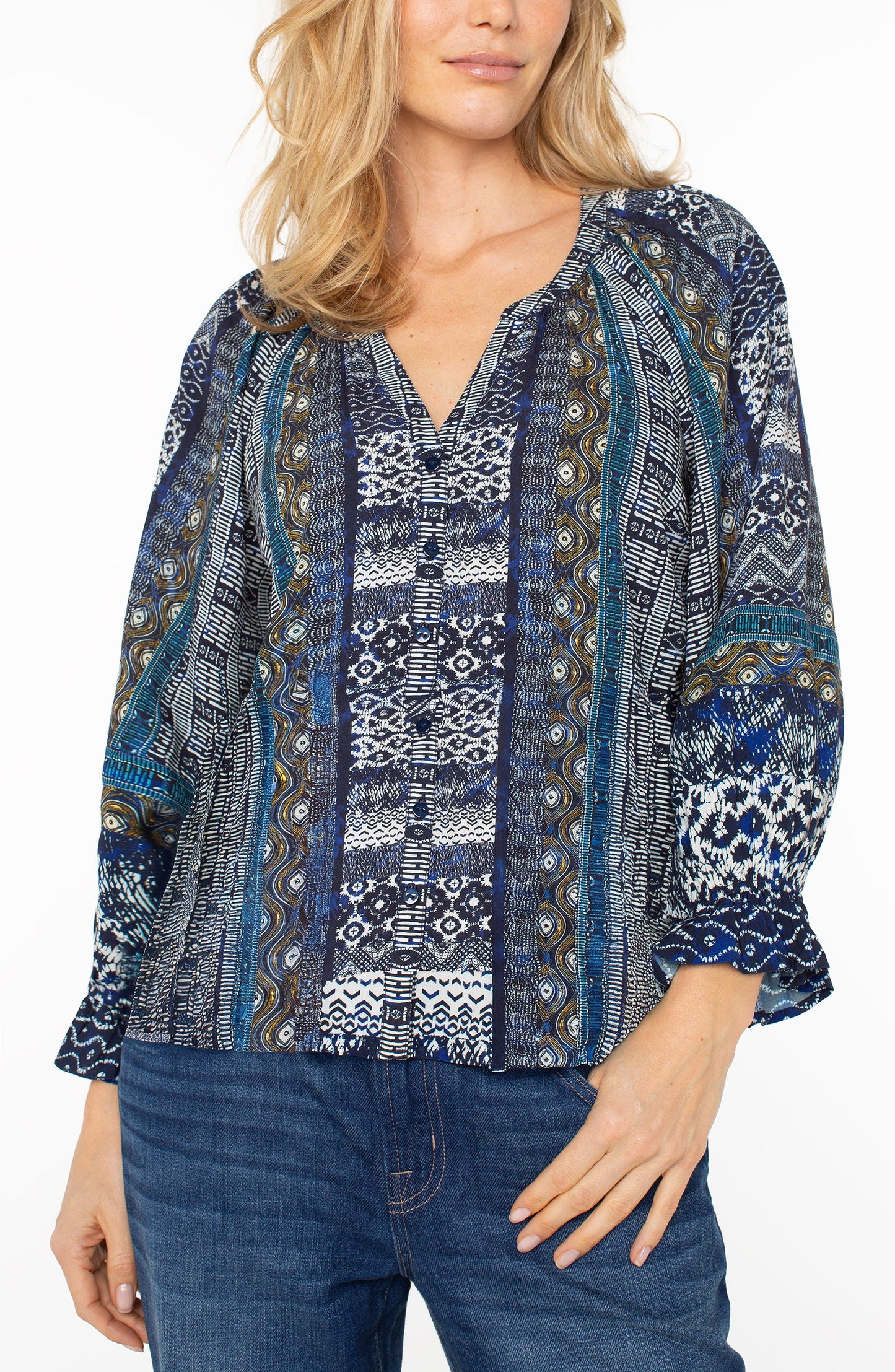 LIVERPOOL BUTTON FRONT WOVEN BLOUSE - MULTI BLUE