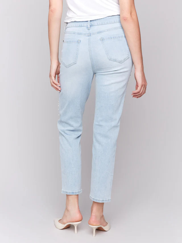 CHARLIE B PEARL APPLIQUE SLIM LEG JEAN - LIGHT BLUE