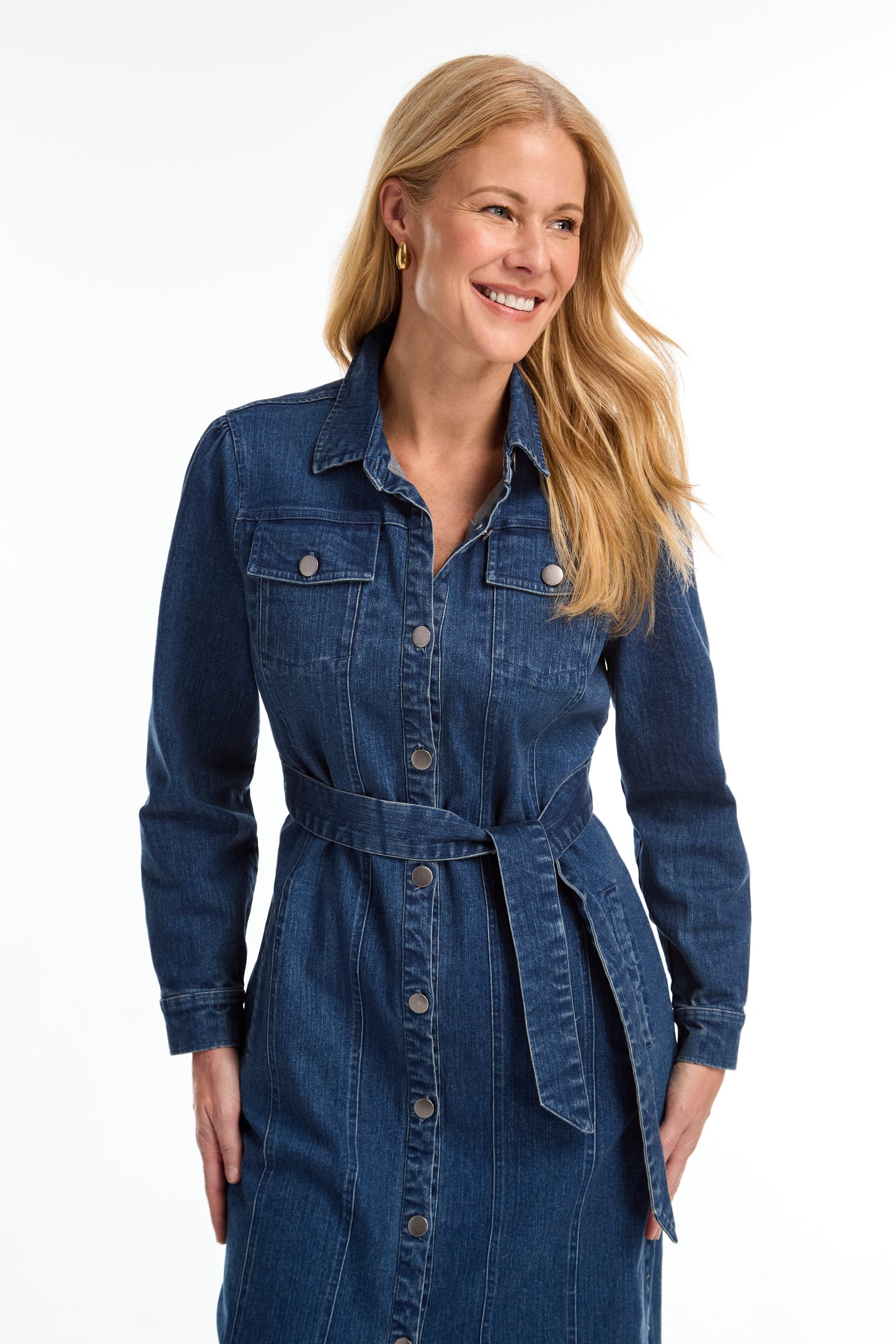 FDJ DENIM DUSTER/MIDI DRESS WITH BELT - MED WASH - Vi-Leen's Fashions