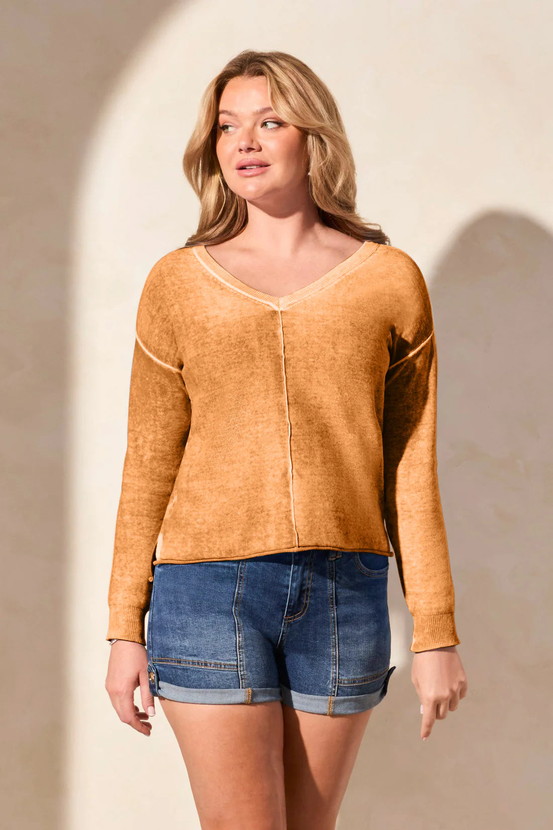 TRIBAL COTTON SWEATER WITH WASH EFFECT - GOLDEN SUN