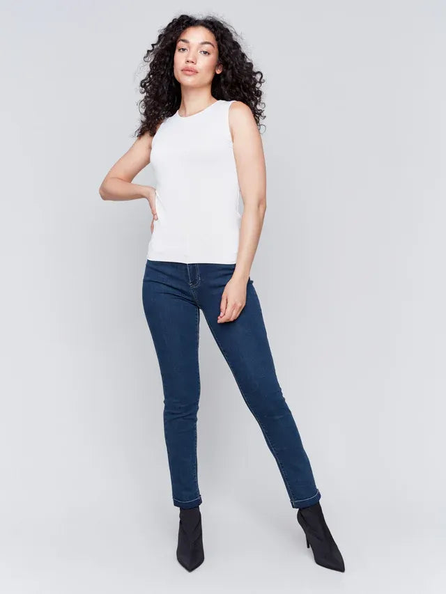CHARLIE B DOUBLE CLOTH SLEEVELESS CREW NECK TOP - NATURAL - Vi-Leen's Fashions