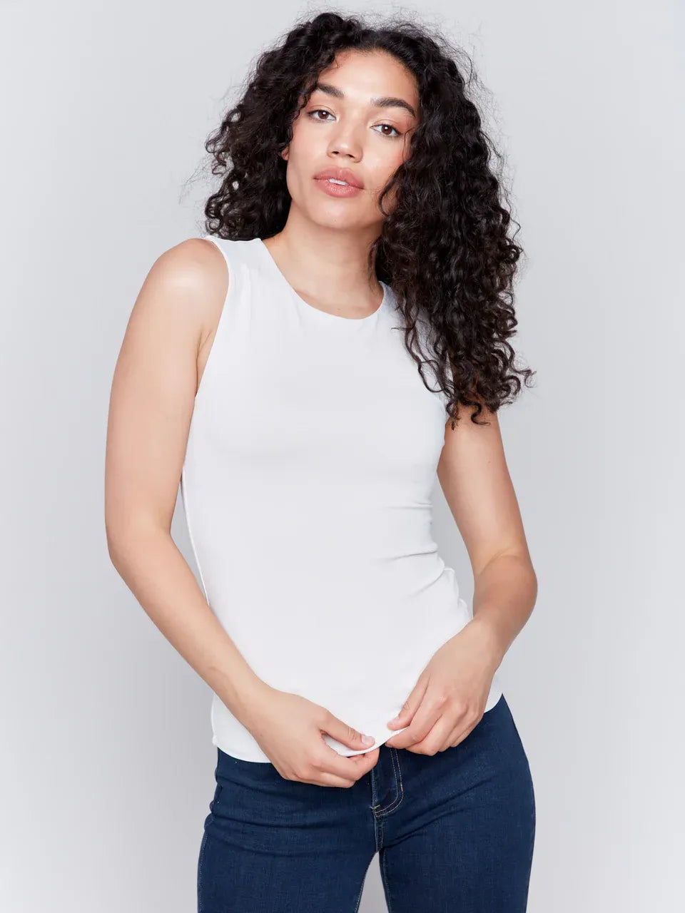 CHARLIE B DOUBLE CLOTH SLEEVELESS CREW NECK TOP - NATURAL - Vi-Leen's Fashions