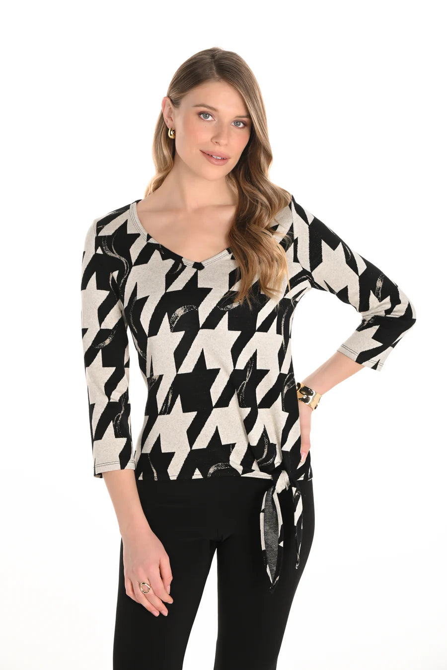 FRANK LYMAN V-NECK TOP WITH TIE FRONT - BLACK/BEIGE