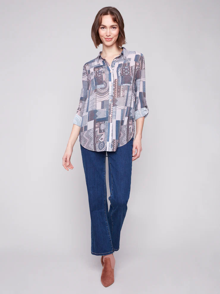 CHARLIE B BUTTON UP 2 WAY BLOUSE - PATCHWORK