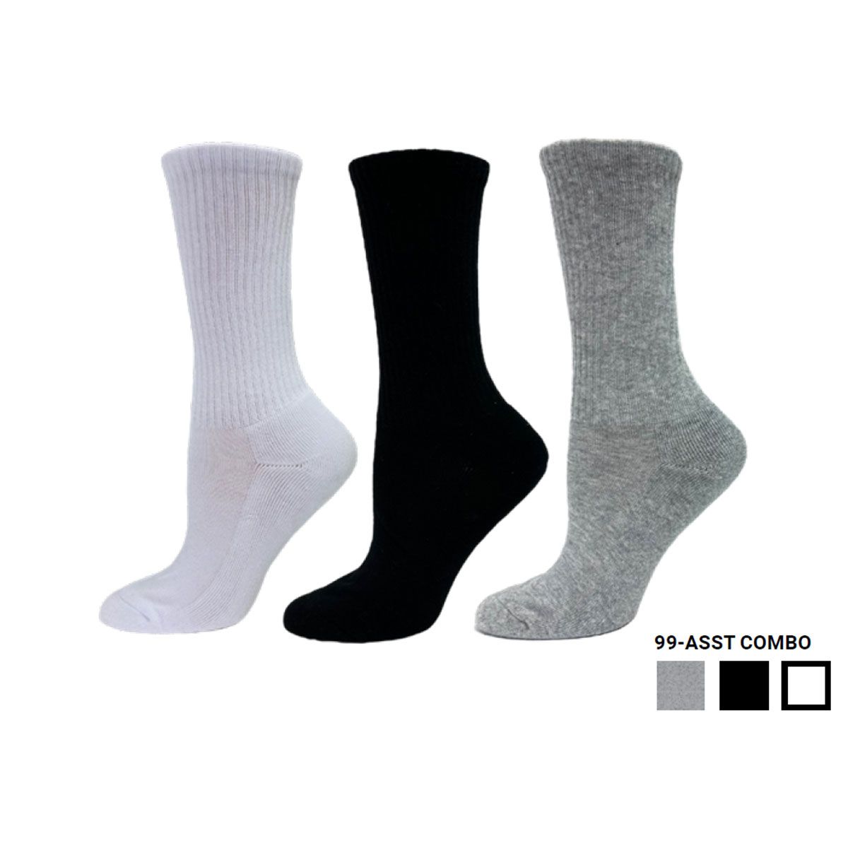 LADIES ASSORTED SPORTS CREW SOCK PACK - GREY/BLACK/WHITE - Vi-Leen's Fashions