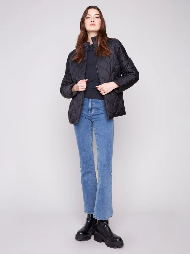 CHARLIE B QUILTED JACKET WITH JACQUARD KNIT BACK - BLACK