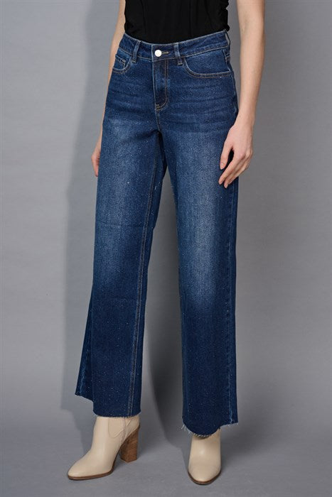 PICADILLY GLITTER WIDE LEG FULL LENGTH JEAN - DEEP DENIM