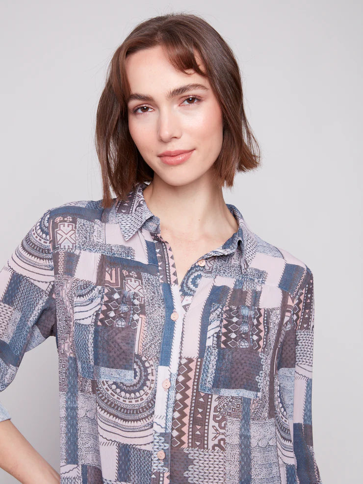 CHARLIE B BUTTON UP 2 WAY BLOUSE - PATCHWORK