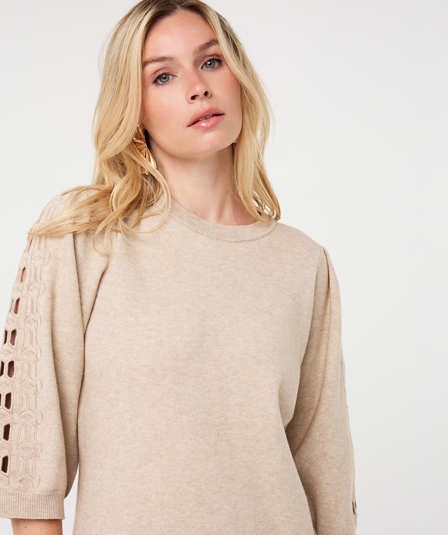 ESQUALO KNIT DRESS WITH EMBROIDERED SLEEVE - BISCUIT