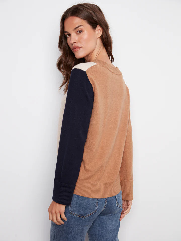 CHARLIE B COLORBLOCK V-NECK SWEATER - TRUFFLE