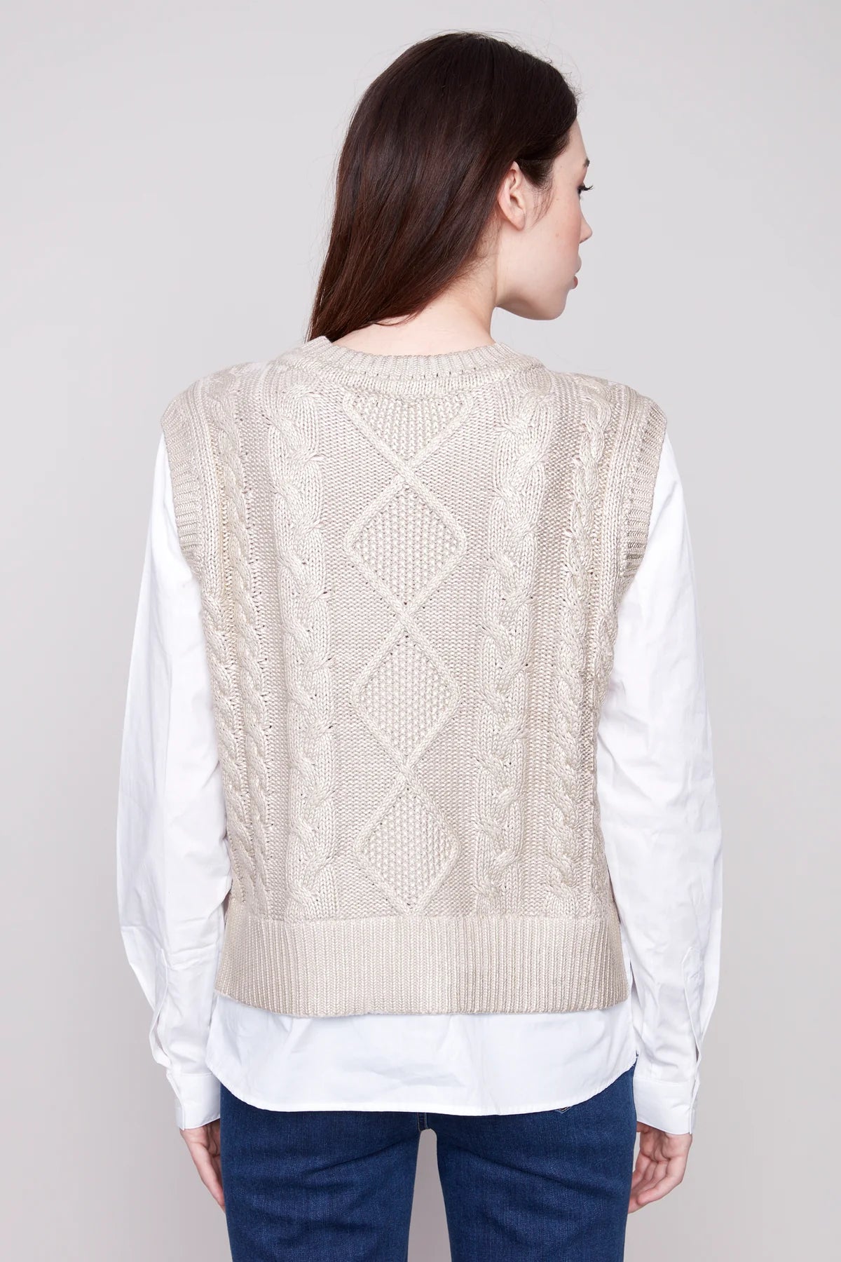 CHARLIE B CABLE FOIL KNIT VEST FOOLER - GOLD