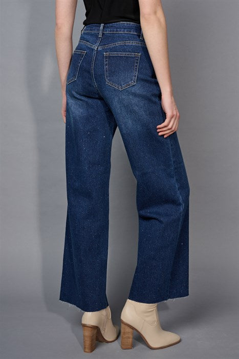 PICADILLY GLITTER WIDE LEG FULL LENGTH JEAN - DEEP DENIM