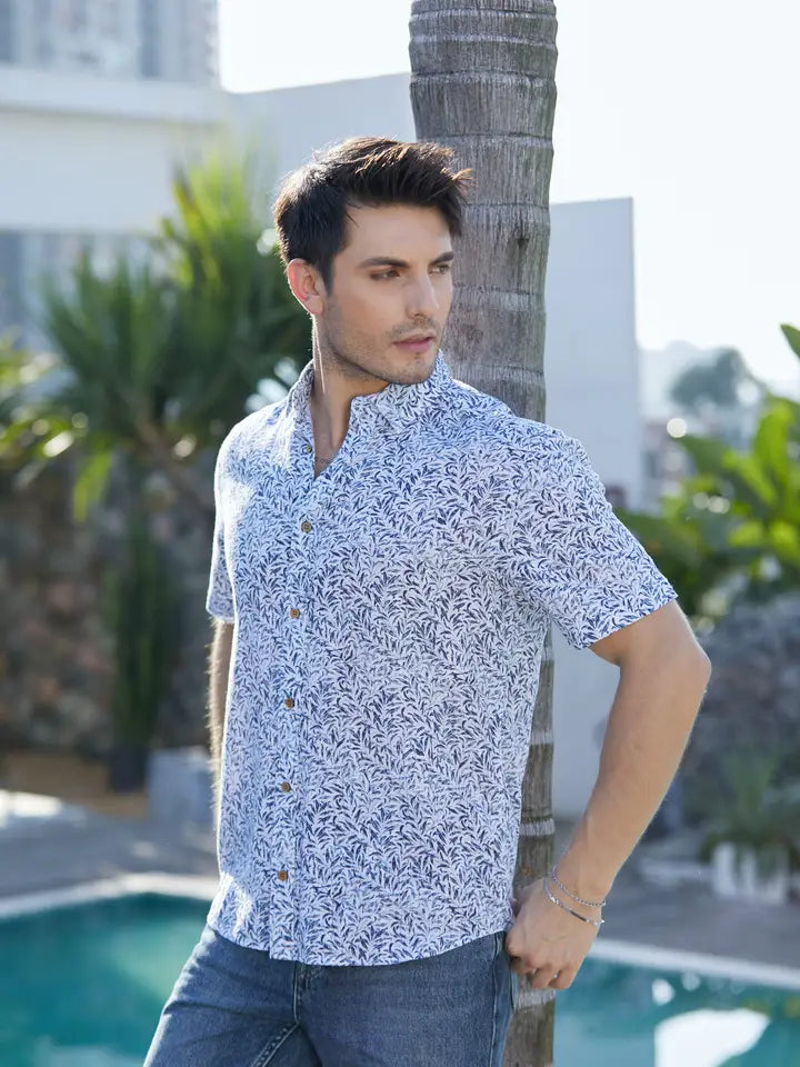 MEN'S BIARRITZ PRINTED COTTON SHIRT - BLUE/WHITE