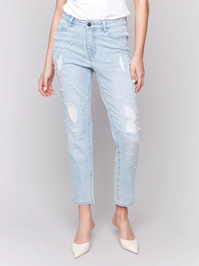 CHARLIE B PEARL APPLIQUE SLIM LEG JEAN - LIGHT BLUE