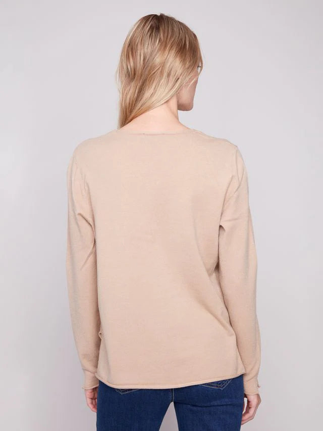 CHARLIE B LONG SLEEVE V-NECK SWEATER - SESAME