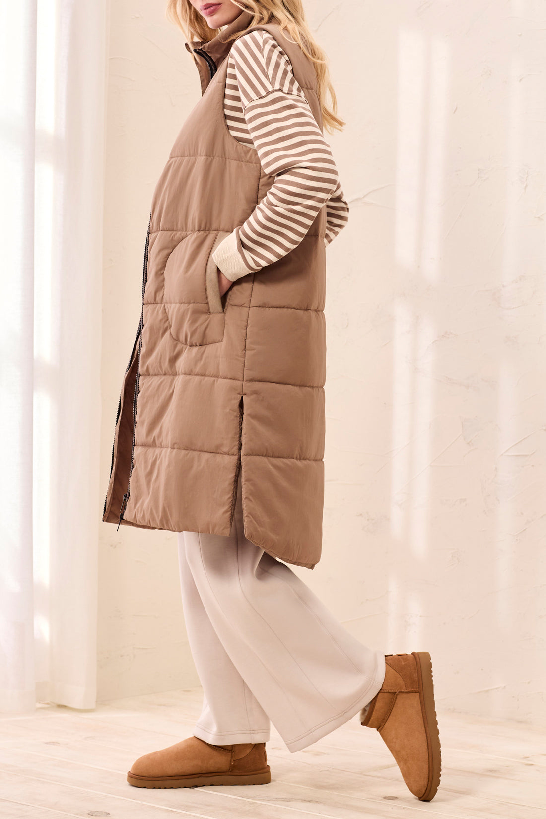TRIBAL QUILTED LONG VEST - FOSSIL