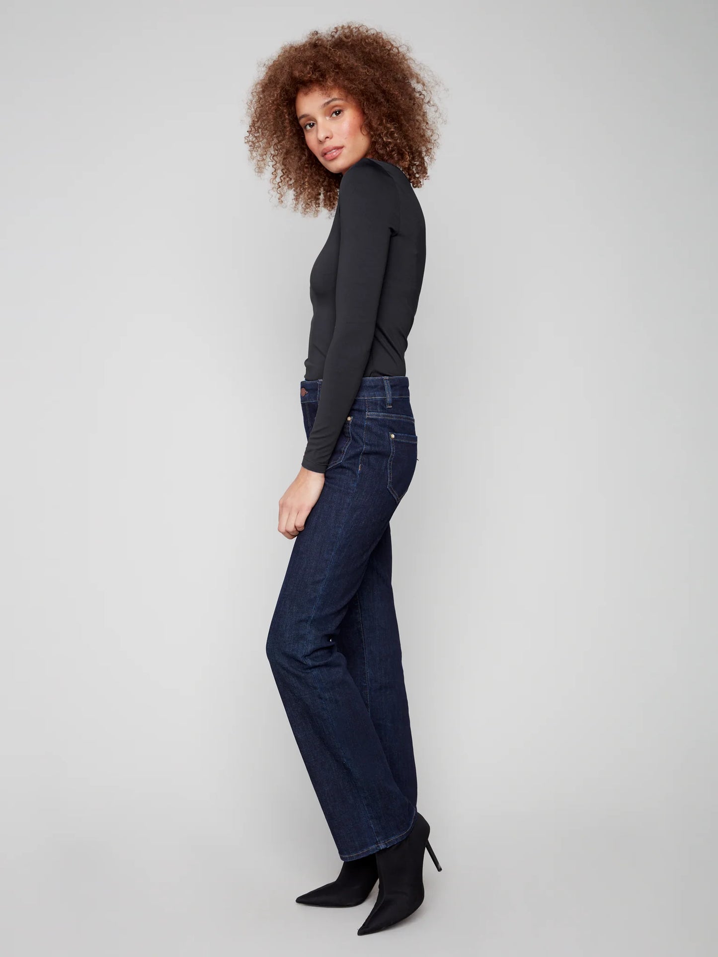 CHARLIE B FLARE LEG JEAN WITH PATCH POCKETS - DEEP BLUE