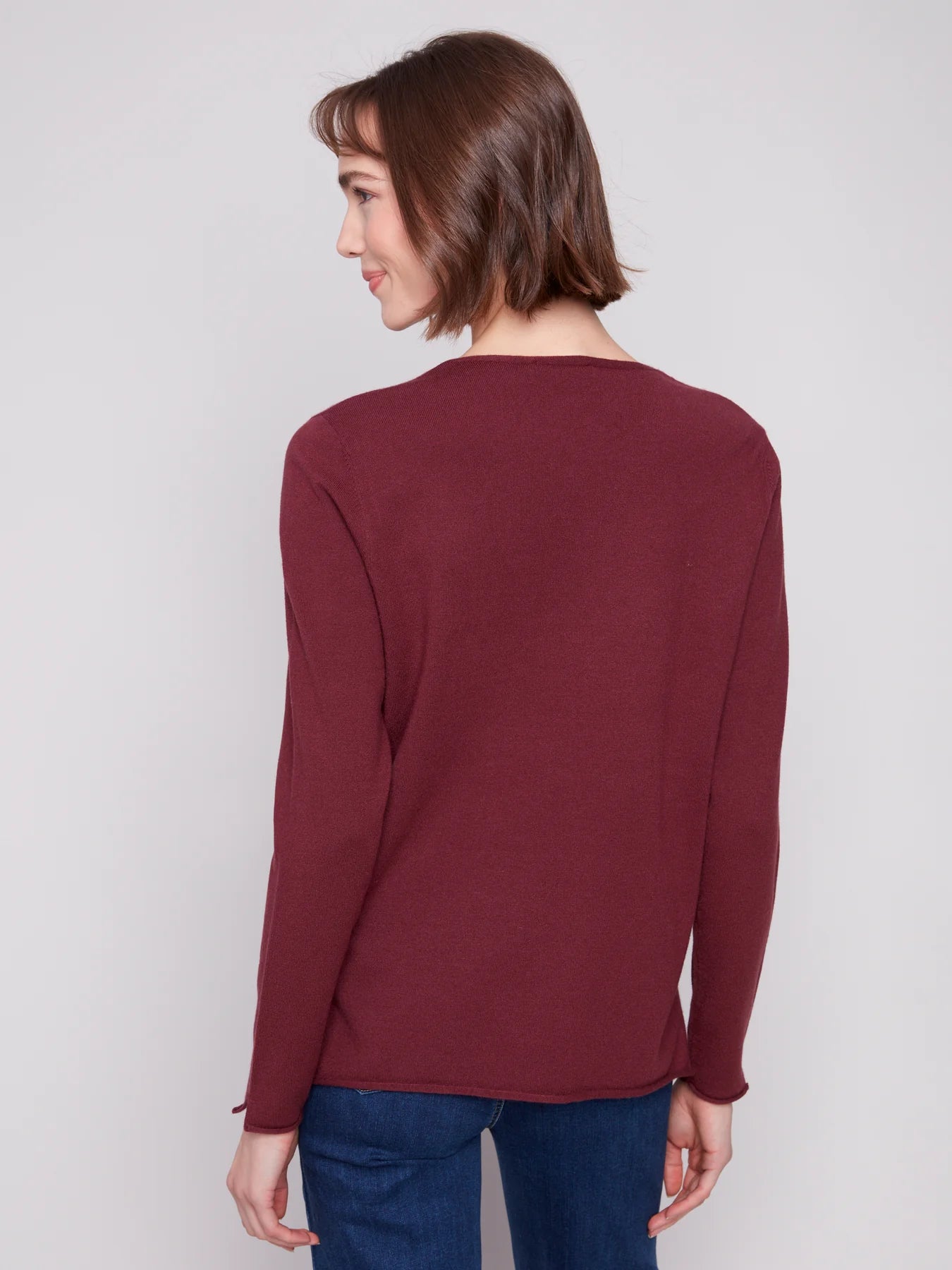 CHARLIE B LONG SLEEVE V-NECK SWEATER - CABERNET
