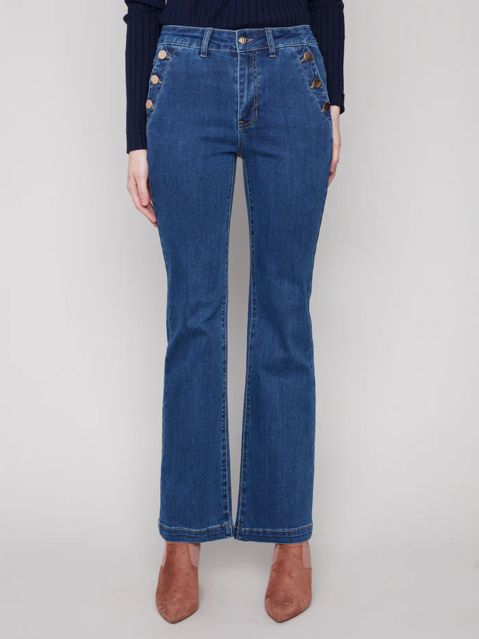 CHARLIE B FLARE LEG DENIM WITH BUTTONS AT SIDE POCKETS
