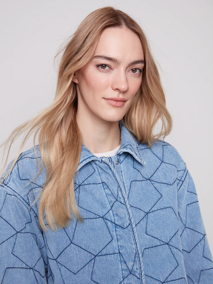 CHARLIE B STAR QUILTED DENIM JACKET - LIGHT BLUE
