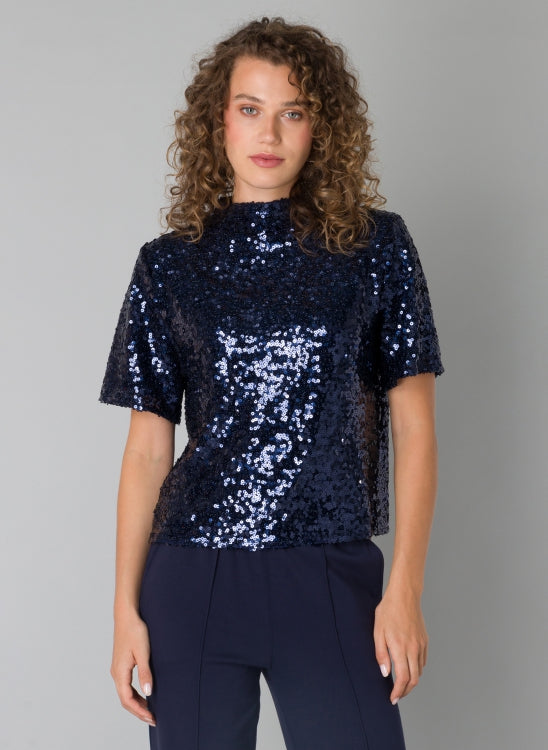 YEST PHILOMENA SHINY SEQUINNED TOP - MARINE BLUE