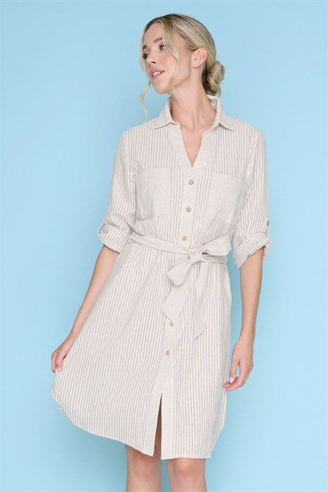 PICADILLY BUTTON FRONT DRESS - OFF WHITE/TAUPE - Vi-Leen's Fashions