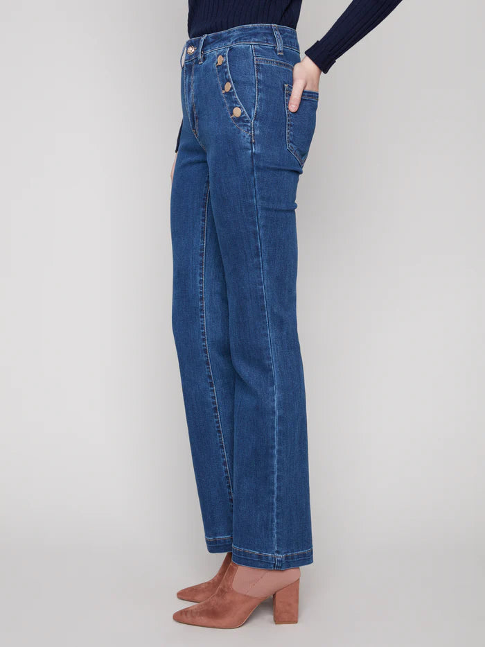CHARLIE B FLARE LEG DENIM WITH BUTTONS AT SIDE POCKETS
