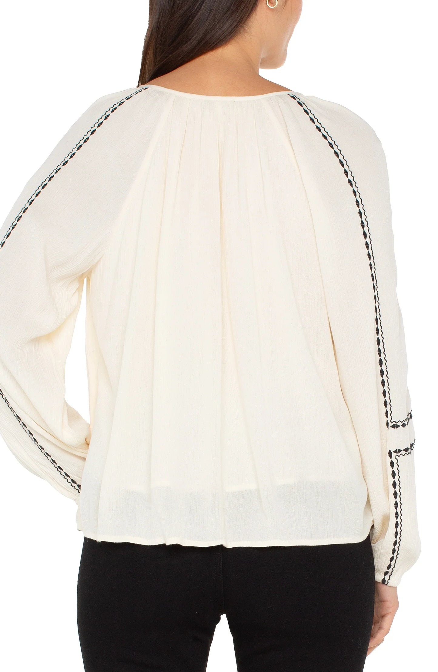 LIVERPOOL BLOUSE WITH EMBROIDERY AND TASSLE TIE - CREAM/BLACK