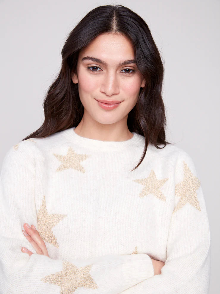 CHARLIE B STAR JAQUARD LUREX CREW NECK SWEATER